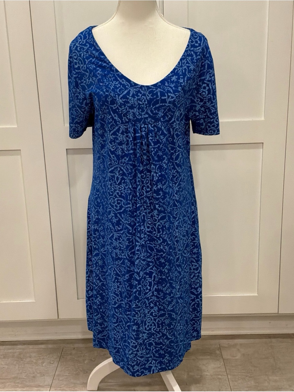 Fresh Produce Turquoise Blue Print Knit Scoop Neck Dress M Pockets